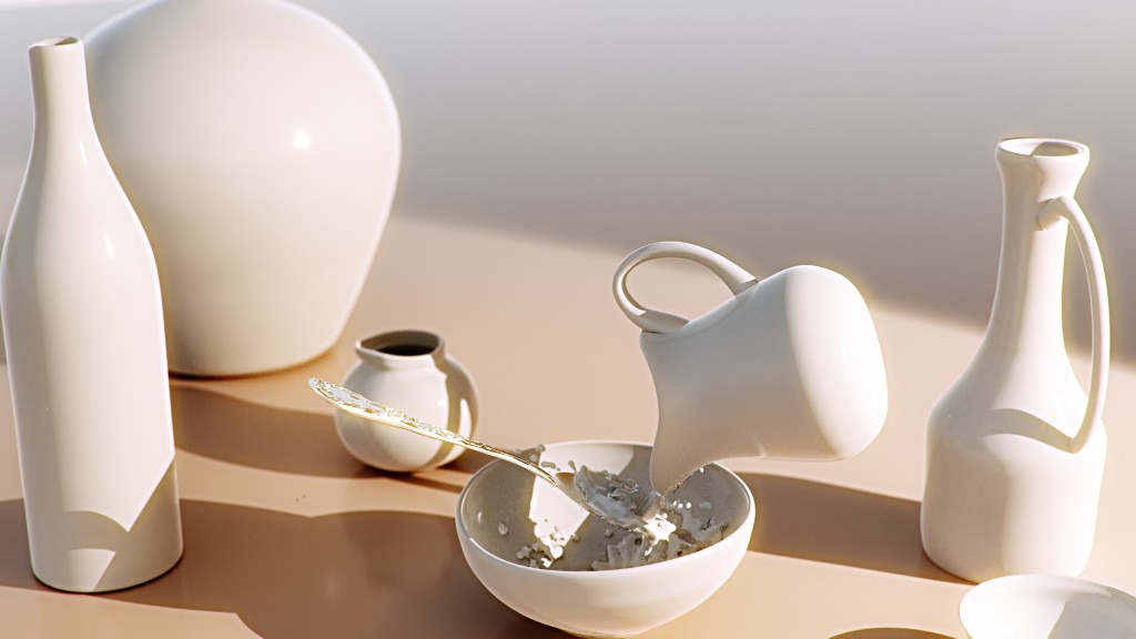 Ceramic pots, silver spoon, fluid simulation - for Luxrender preview image 1